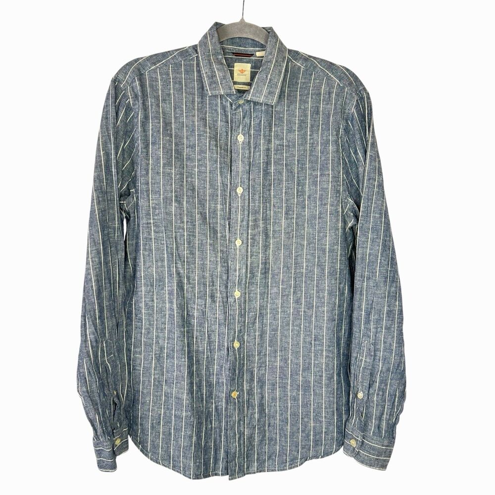 Dockers Standard Fit Men Linen Cotton Stripe Button LS Shirt Medium Blue White